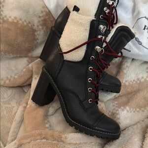 Nine West Black and Red Heeled Boots with Chunky Sole